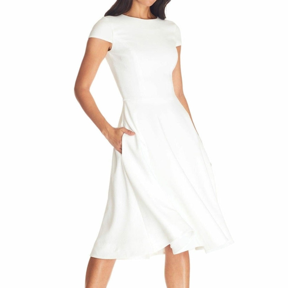 NWT Dress the Population White Midi Fit-and-Flare Dress